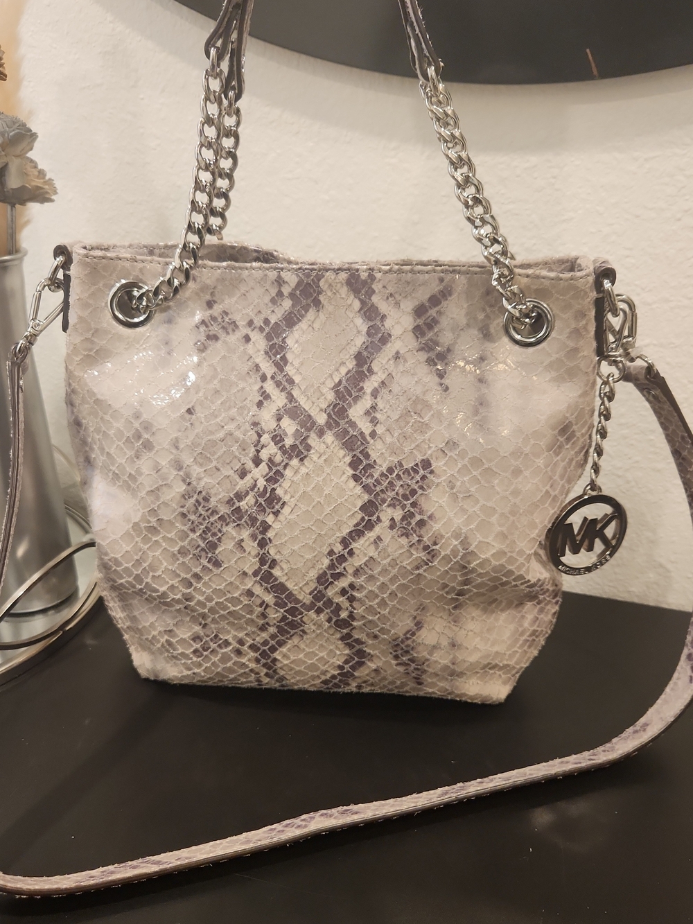 Michael Kors Women's Snake-Print Chain Shoulder Bag in Light Gray
